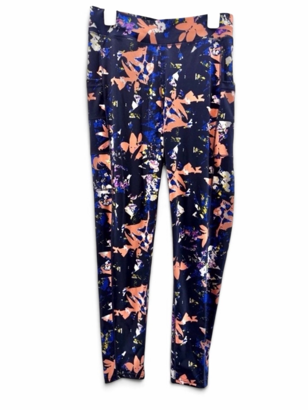POP Fit Navy Floral Print High Waisted Leggings with Peach Accents Size XL
